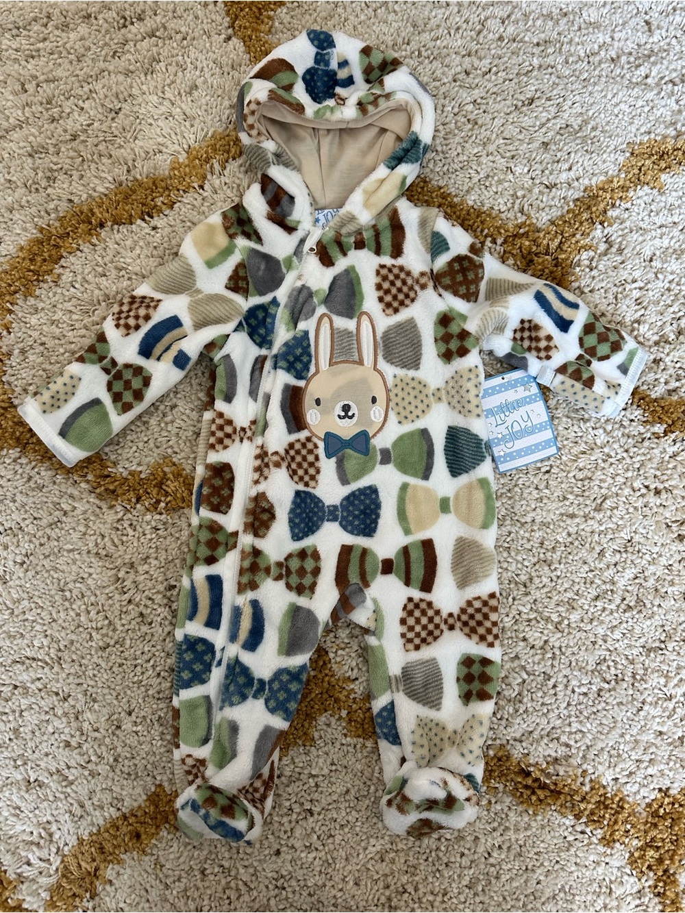 Cozy Bunny Hooded One-Piece in Cream, Green & Blue - Baby